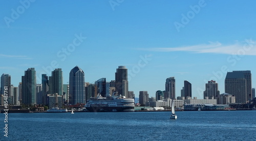 View of the City Skyline with water and boats 