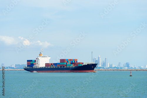 Container ship sailing in the morning