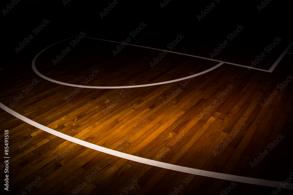 wooden floor basketball court with light effect - obrazy, fototapety, plakaty 