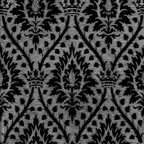 Floral seamless pattern with crown vintage background. Black and white regal pattern can be used for wallpaper, textiles, patterns, web page background, surface textures, packaging, and invitations