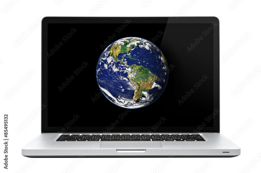 Laptop computer on isolated white. Earth on screen. Laptop computer on isolated white. Earth on screen.