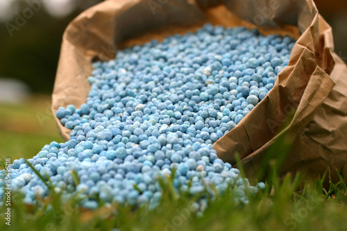 Blue fertiliser in brown bag on green grass photo