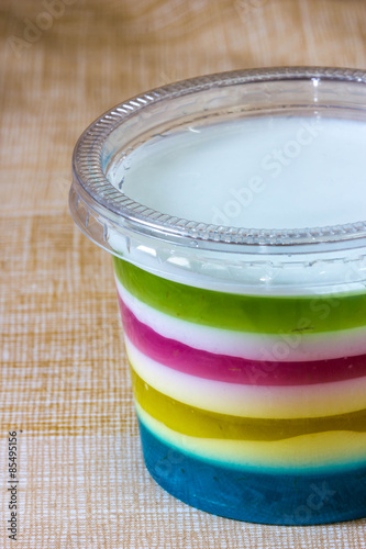 Colorful jelly in plastic cups photo