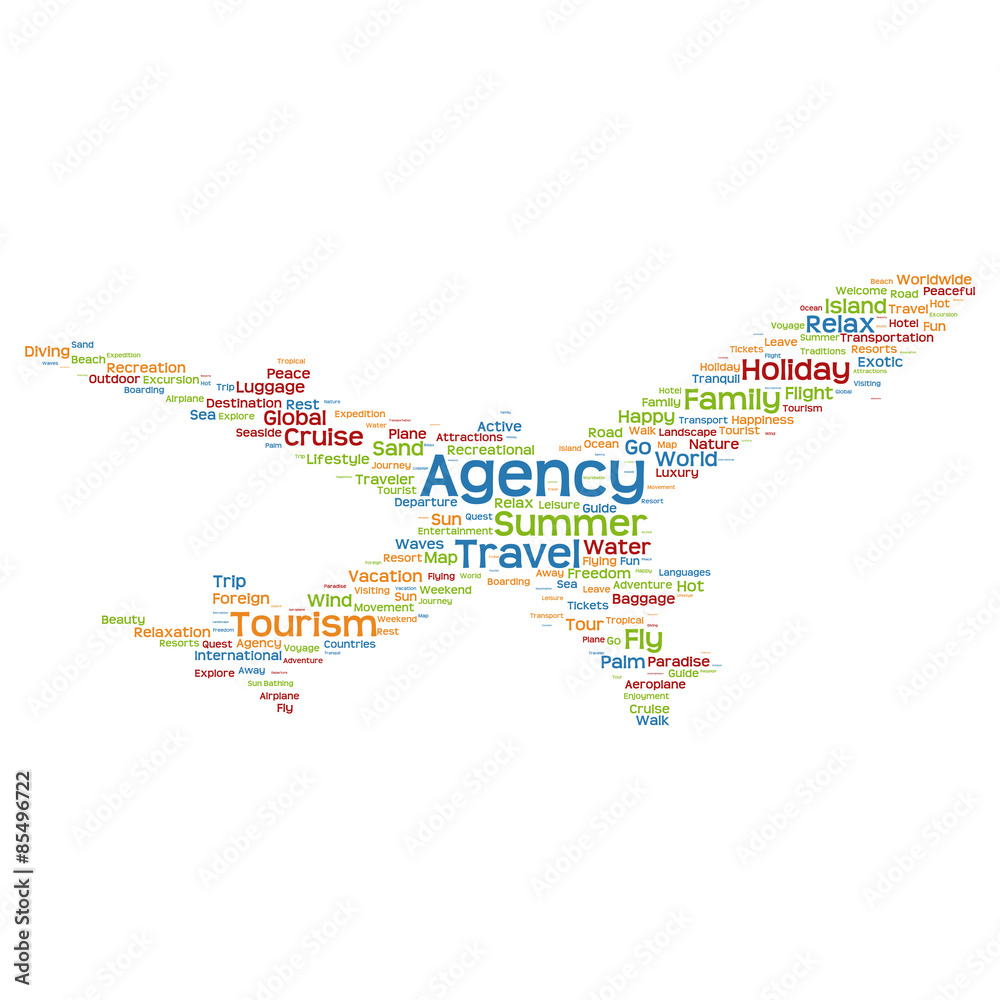 Naklejka premium Conceptual lifestyle travel or tourism plane word claud