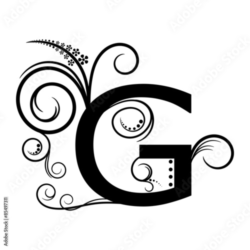 Black alphabet letter G with creeping plant