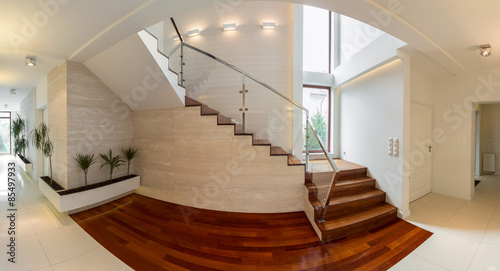 Wooden stairway in luxury residence