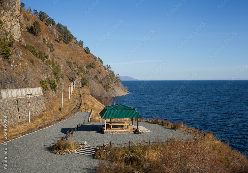 Gazebo on the shore of Lake Baikal in the Circum-Baikal Railway