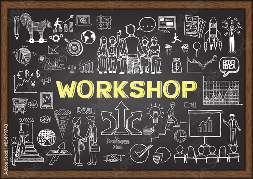 Business doodles on chalkboard with workshop concept. Hand drawn business plan on chalkboard.