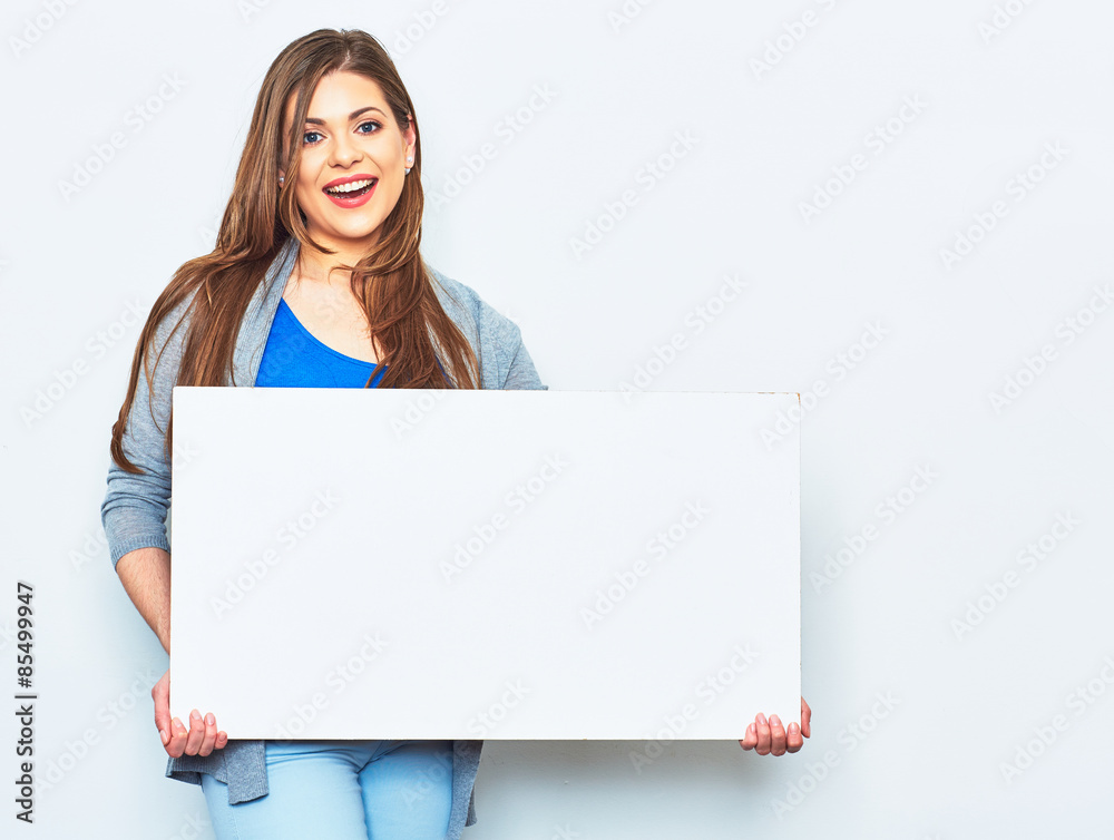 Woman holding white blank signboard. Woman holding white blank signboard.