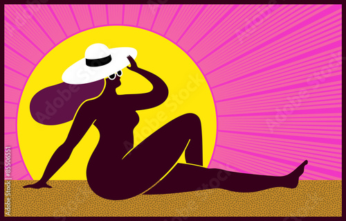 brown tanned girl sunbathing, basking in the hot blazing sun, summer holidays vector illustration