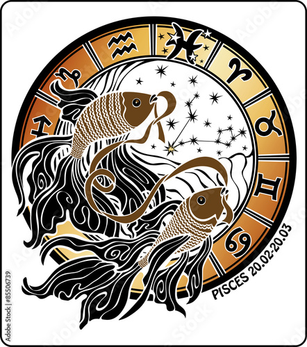 Pisces and the zodiac sign.Horoscope circle. Vector Illustration