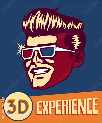 3d experience. Vintage man wearing retro 3d glasses, 3d movies cinema, retro sci-fi futuristic goggles, virtual reality