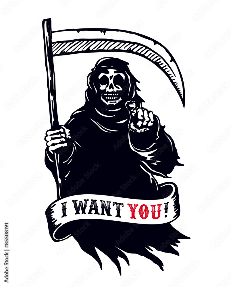Grim reaper with scythe in dark hooded cloak, death pointing finger. I