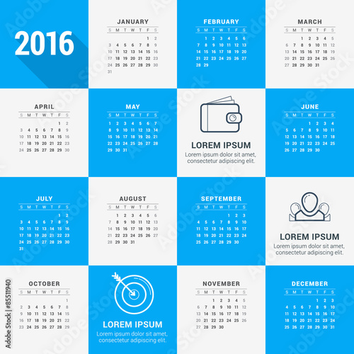 Vector Design Template. Calendar 2016. Week Starts Sunday