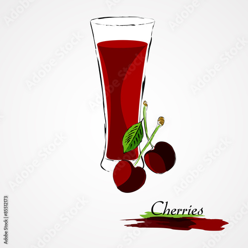 Hand drawn vector ripe cherries fruit and juice in glass on light background