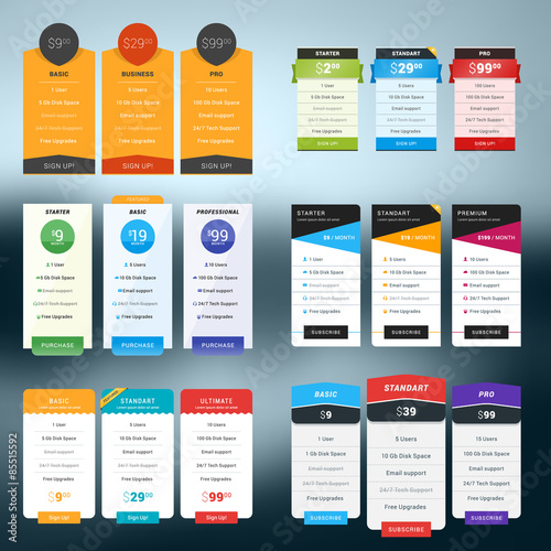 Set of Vector Pricing Table in Flat Design Style for Websites and Applications