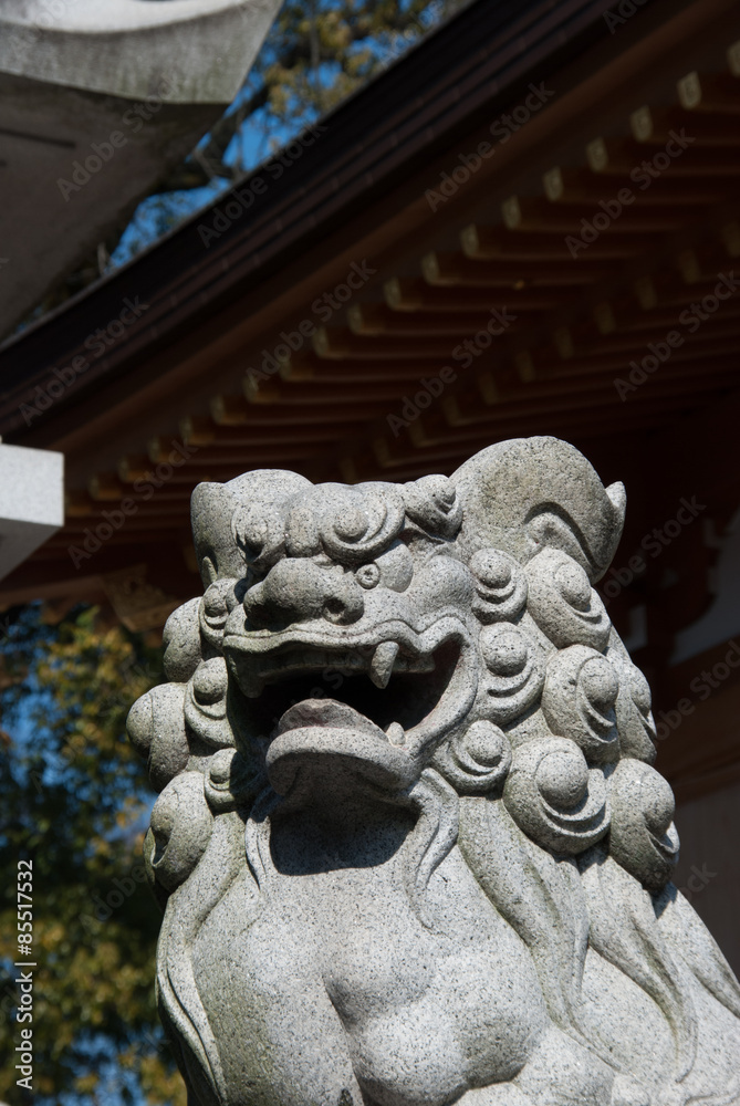 Komainu statue at a temple In Tokyo, Japan