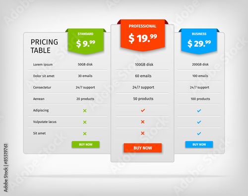 Pricing table template comparison chart for business