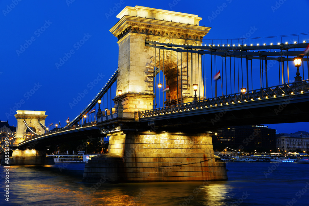 Obraz premium Chain Bridge on Danube in Budapest by night