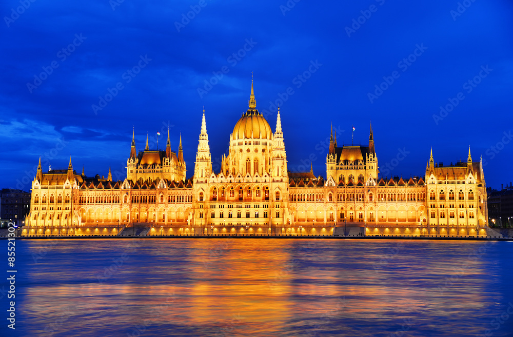 Hungarian Parliament Building in Budapest by night