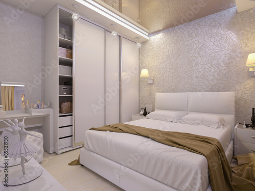 3D illustration of a white bedroom in modern style