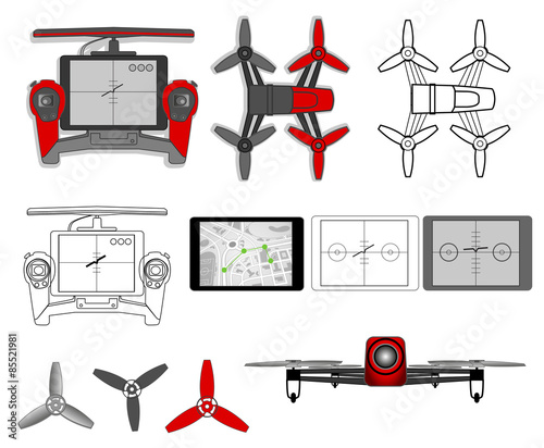 Set of  drone - drone top view, navigation, map, controllers, tablet and smartphone apps. Vector