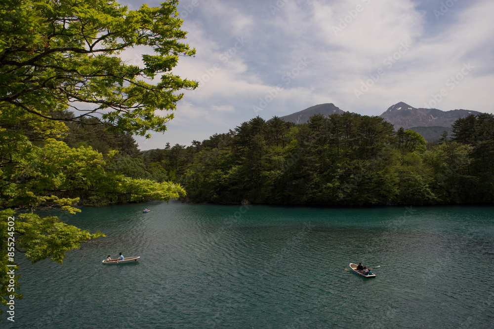 Boats at Goshiki-numa lake, Fukushima Prefecture, Japan Boats at Goshiki-numa lake, Fukushima Prefecture, Japan