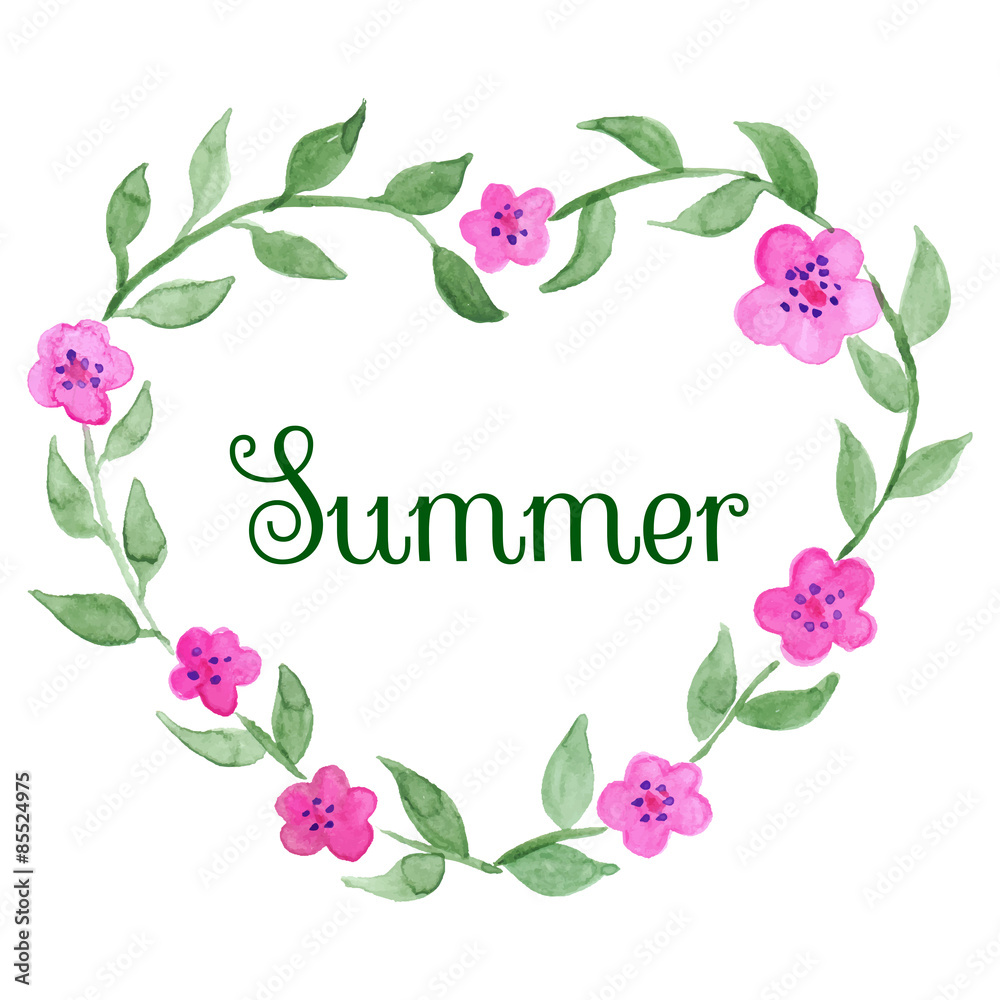 Watercolor heart shaped flower plant branch wreath summer vector isolated 