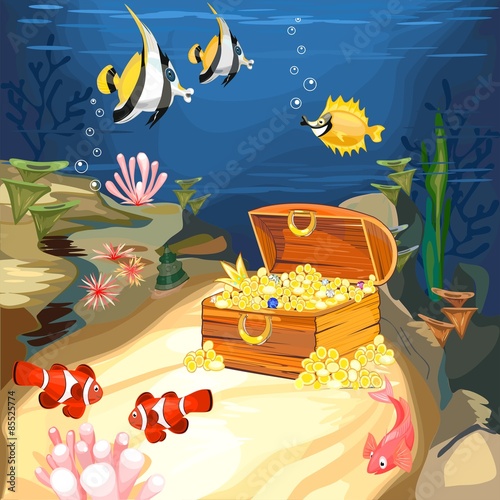 open treasure chest with gold underwater