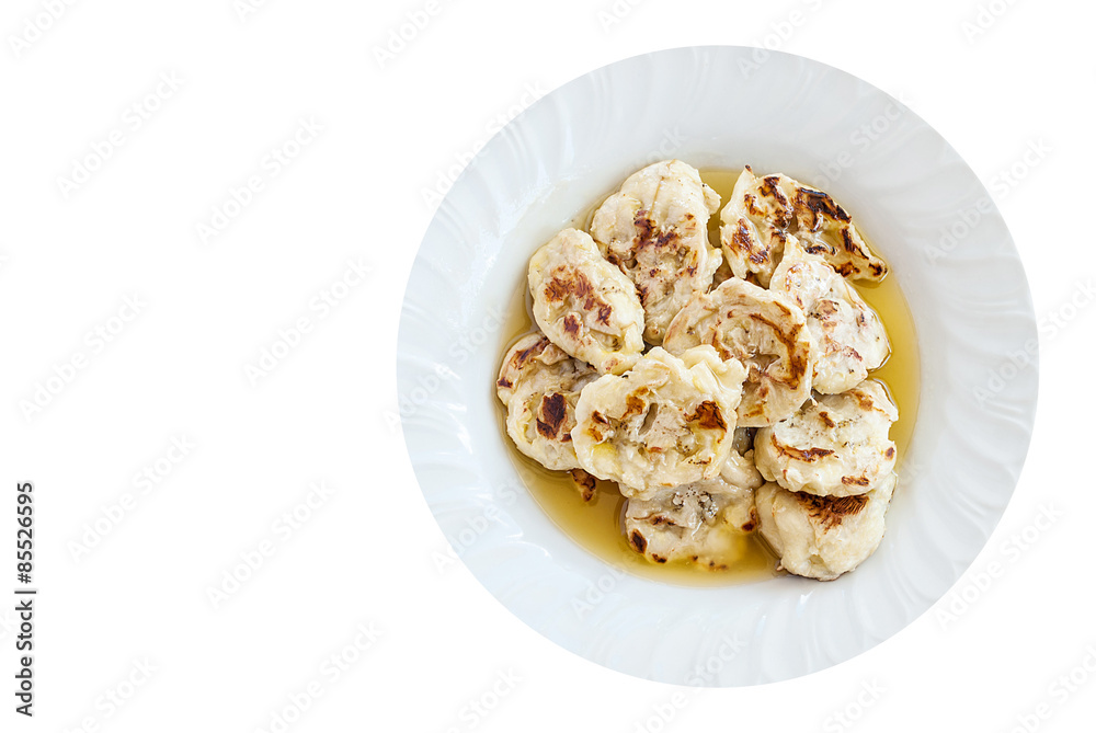 Grilled bananas with syrup isolated on white background, dessert
