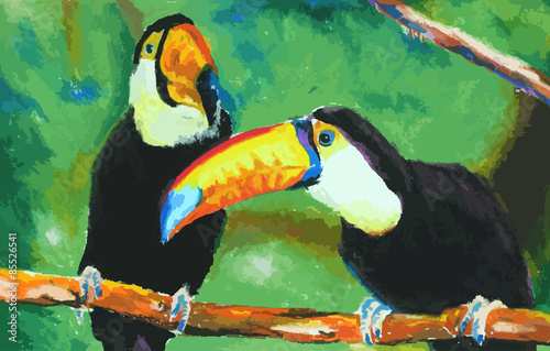 hornbill  in green forest painting background