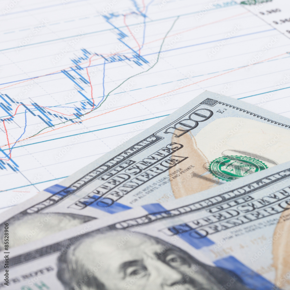 Stock market graph with hundred dollars banknote - close up Stock market graph with hundred dollars banknote - close up