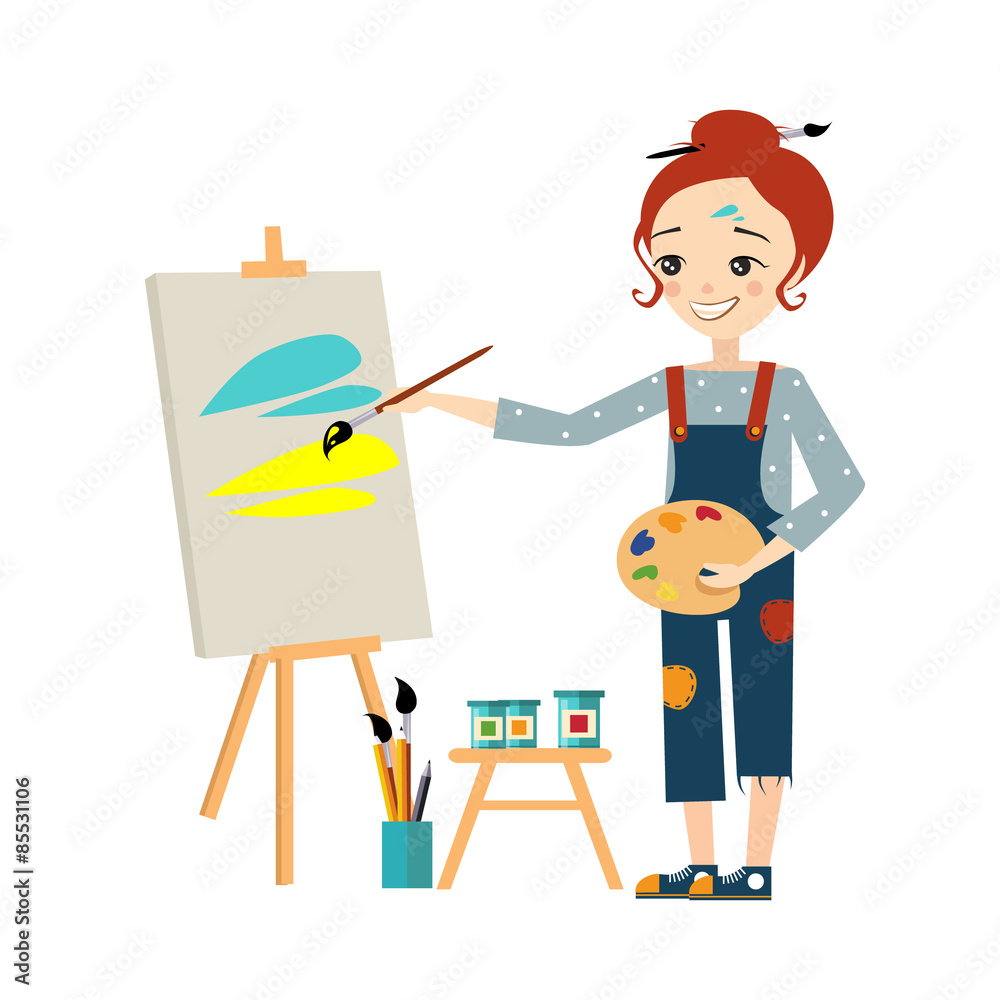 Beautiful Artist Woman Painting on Canvas