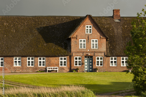 traditional Friesian house with thatched roof at the North Sea coast, Germany, Europe photo