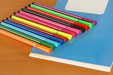 Blue writing book and multicolored pens.