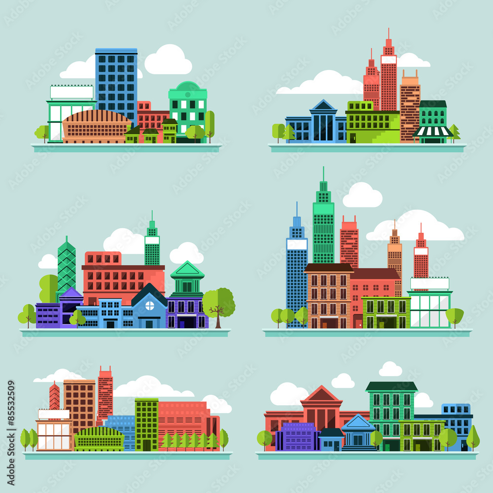 Building icon set concept for use to city landscape condominium, house, tower. Vector flat design
