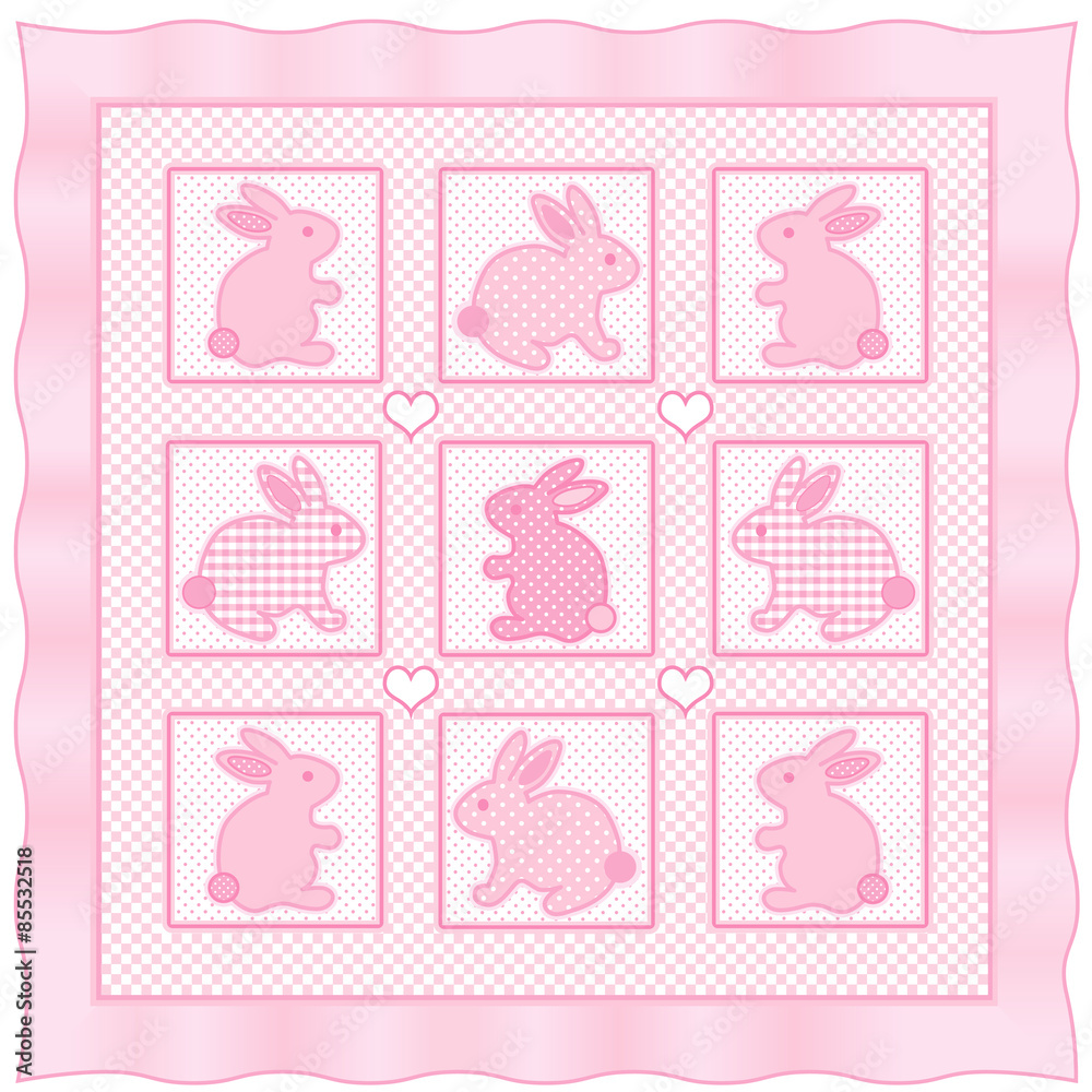Baby Bunny Rabbits Quilt, love hearts pastel polka dots gingham Baby Bunny Rabbits Quilt, love hearts pastel polka dots gingham