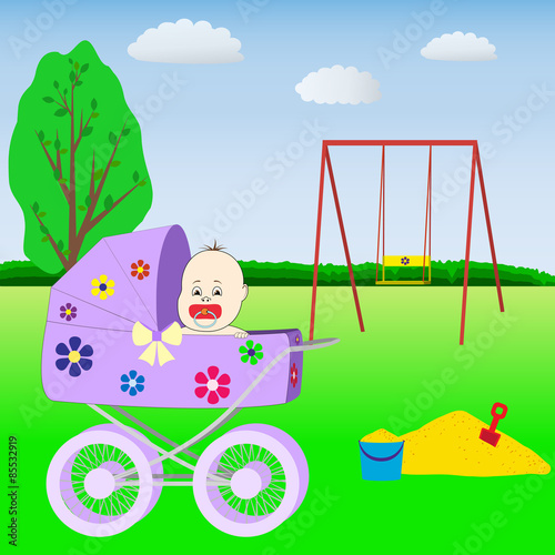 baby in the stroller on playground