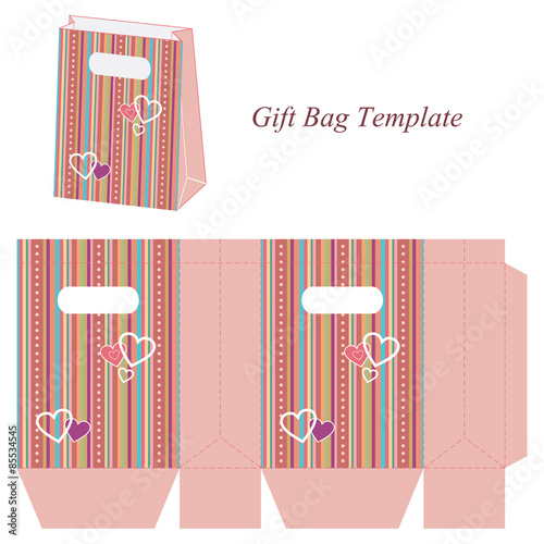 Pink gift bag template with colorful stripes and hearts