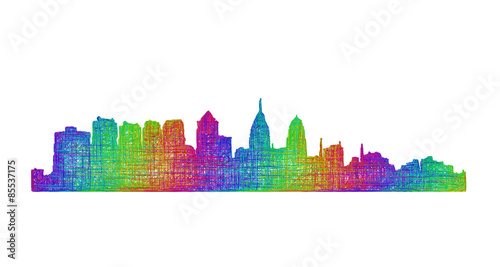 Philadelphia city skyline silhouette - multicolor line art