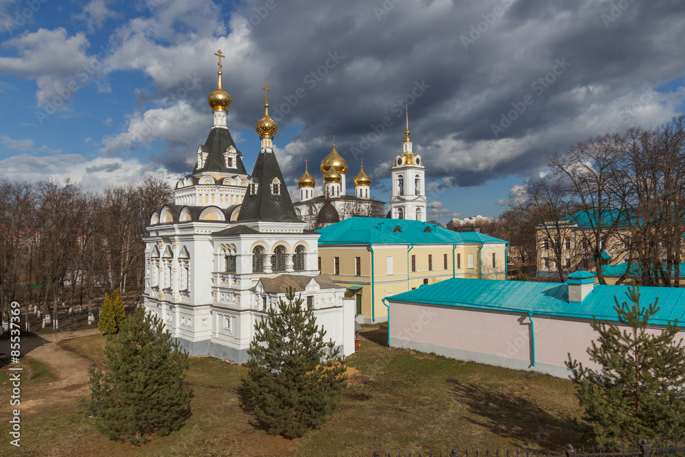 Landscape architecture and temples of the Dmitrov Kremlin in Moscow region in spring day 