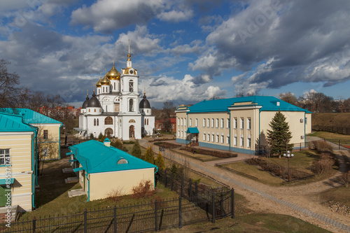 Landscape architecture and temples of the Dmitrov Kremlin in Moscow region in spring day  photo