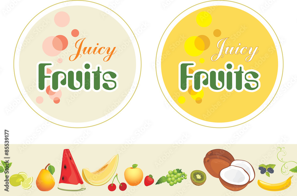 Fototapeta premium Juicy fruits. Labels and border for design