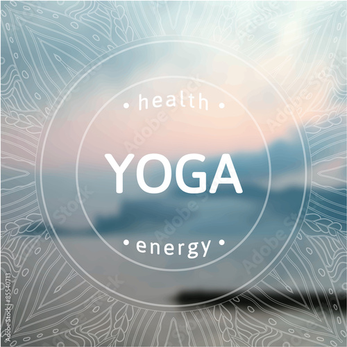 Vector yoga illustration. Name of yoga studio on a sunset background. Yoga class motto. Yoga sticker. Vector yoga. Yoga exercises, recreation, healthy lifestyle. Poster for yoga class with a sea view.