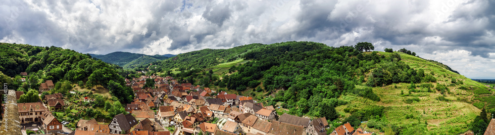 Wide panoramic bird-fly view. Alsace hills. Wide panoramic bird-fly view. Alsace hills.