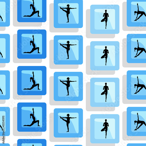 Seamless pattern. Yoga poses as seamless background. Background with women in blue color. Blue seamless background with girls in yoga poses. Yoga background.