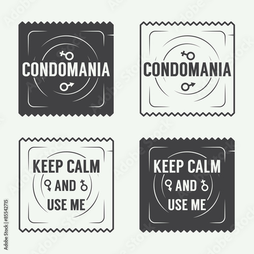 Set of vintage condoms and sex labels, logo, badge and design elements. Vector illustration