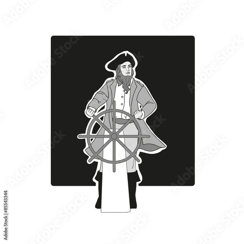 Captain at the helm of the ship. Man on a black background. Sailor on a black background. Captain in a retro style. Captain and wheel. Captain in white and black colors.