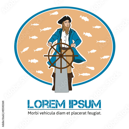 Captain at the helm of the ship. Man on a sea background. Sailor on the background of the fishes. Captain in a retro style. Captain and wheel. Fishes in sea, ocean.