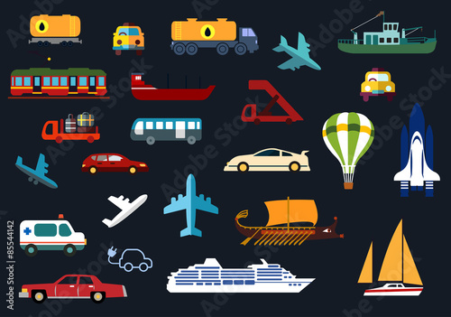Transportation flat icons with road, water, rail, air transport